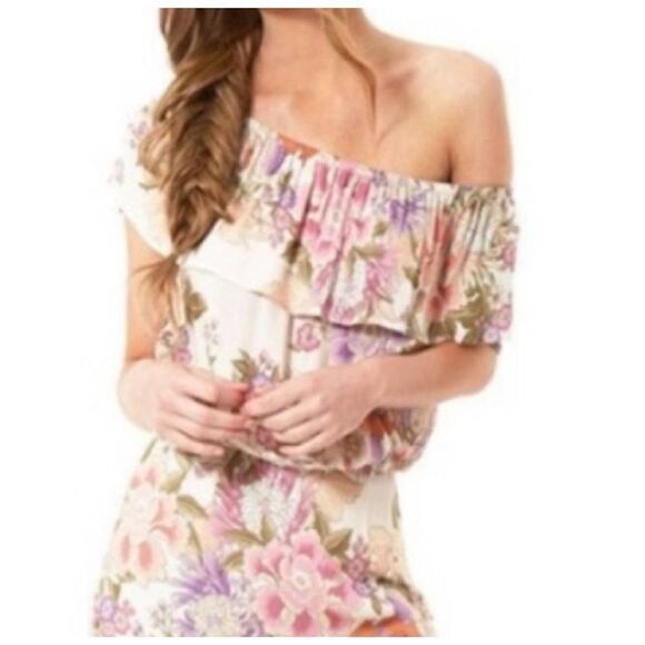 Spell Floral Off-Shoulder Blouse - Pink, Purple, Cream - Picture 1 of 6